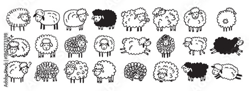 Doodle hand drawn funny cute sheep outline set. Drawing sheep