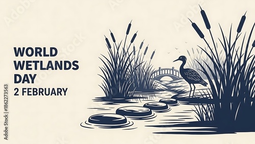 World wetlands day awareness illustration with bird and aquatic plants