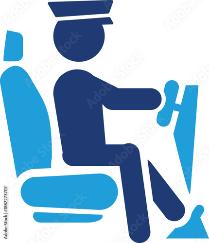 Professional Chauffeur Silhouette in Car Seat Icon for Private Transport and Limo Services, Minimalist Blue Driver Icon