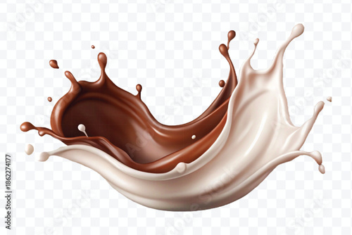realistic 3d dynamic splash of  chocolate with milk in curve style isolated on transparent background	
