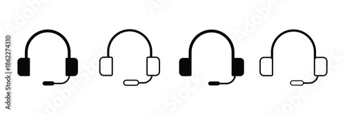 Black and White Headset Icons with Microphones headphones Isolated On Transparent Background