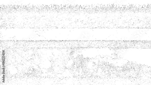 A textured grayscale abstract artwork depicting varying densities of scattered dots and minimal linear shapes