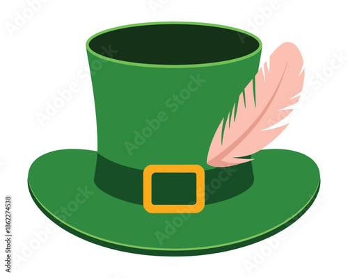 A vibrant green top hat adorned with a golden buckle and a delicate pink feather, often associated with festive celebrations and Irish folklore.