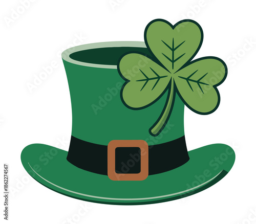 Vibrant green top hat with a black band and brown buckle, adorned with a lucky three-leaf clover, symbolizing Irish heritage and St. Patrick's Day celebrations.