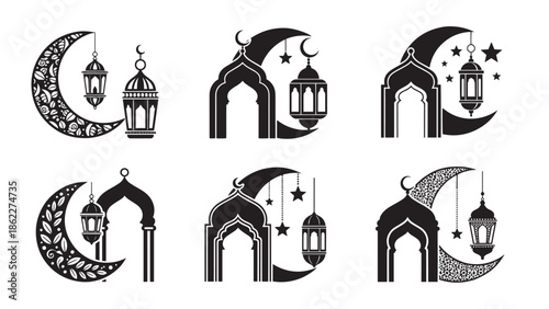 Ramadan mubarak symbols and icons featuring crescent moon lanterns