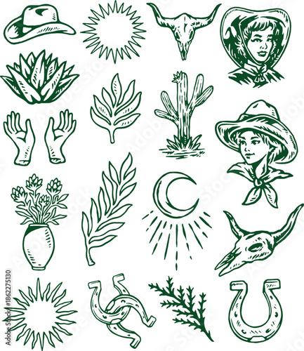 Western hand drawn icon set, 17 line art icons
