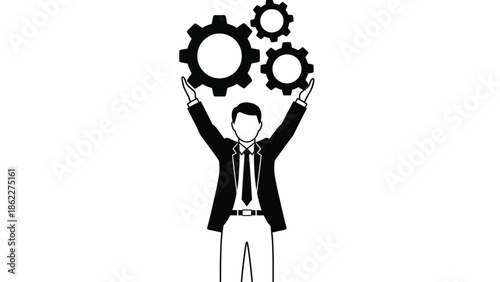 A person in a suit is holding up several interlocking gears with their hands in a symbolic gesture