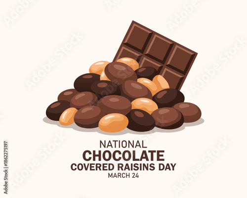 National Chocolate Covered Raisins Day vector illustration. Pile of raisins with chocolate icon. Group of chocolate covered raisins drawing. March 24 every year. Important day