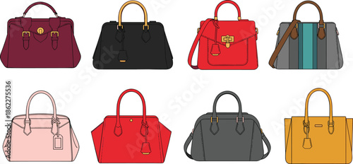 Women handbag collection illustration, luxury fashion purses and shoulder bags set, modern female accessories, colorful leather tote designs, vector