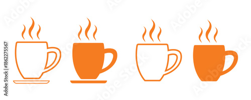 Four steaming coffee cups in orange drink beverage Isolated On Transparent Background