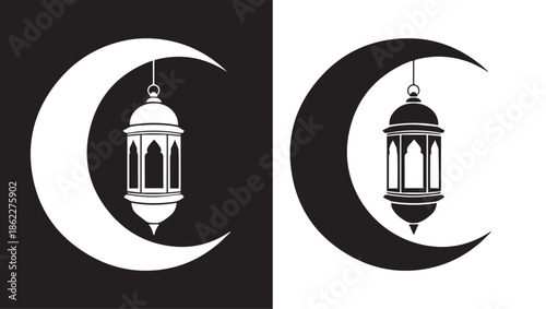Ramadan crescent moon lanterns black and white illustration
