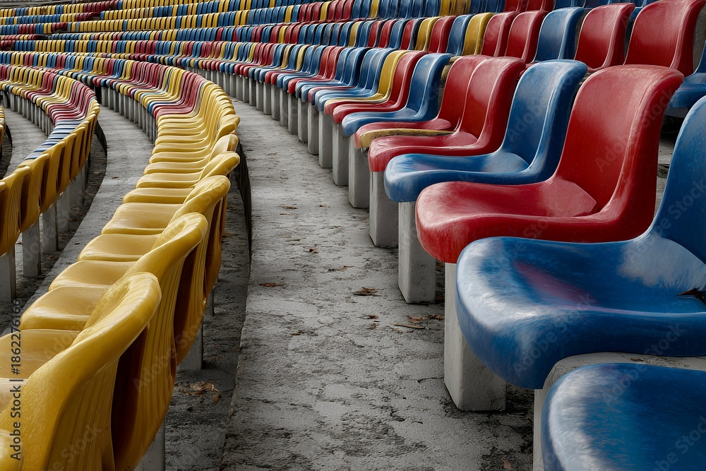 Naklejka premium Colorful empty stadium seats in curved rows arrangement