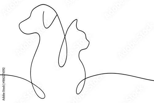 Minimalist continuous line art of a pet dog and cat together