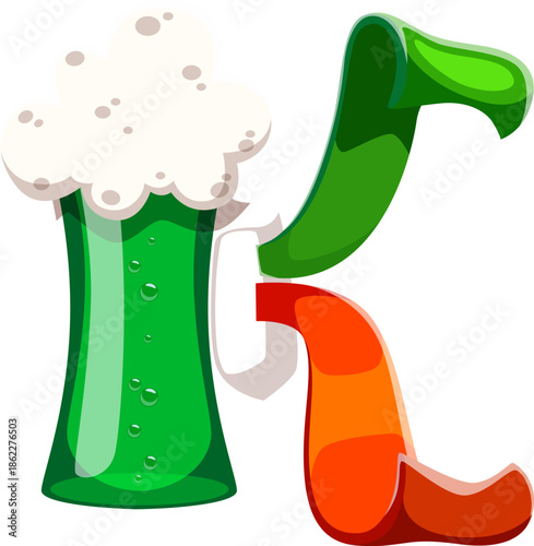 St Patrick's font typeset ale or beer glass letter K. Irish folk font vector sign, Saint Patrick alphabet symbol. March celebration ABC typeset letter or element with glass of foamy green ale or beer
