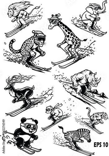 Animal Skiing Mascot Set. Funny Cartoon Wildlife Characters Downhill Skiing with Goggles and Winter Gear. Black and White Vector Collection of Lion, Panda, Giraffe, and Rhino Winter Sports Athletes