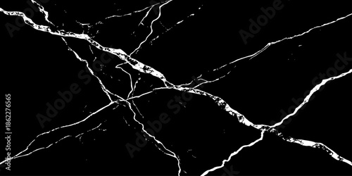Abstract black marble texture featuring bold white lightning-like veins and natural stone cracks. High-contrast luxury dark background with a polished surface, ideal for modern design,  and branding.