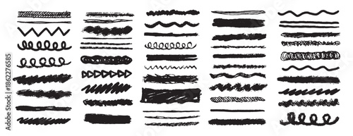 Chalk lines and squiggles, underlines hand drawn doodle thick line border, swoosh. Textured crayon brush scribble strokes