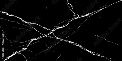 Abstract black marble texture featuring bold white lightning-like veins and natural stone cracks. High-contrast luxury dark background with a polished surface, ideal for modern design,  and branding.