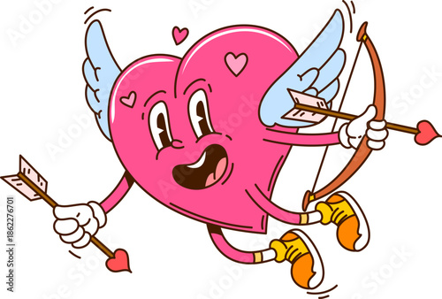 Cartoon retro groovy valentine day winged heart cupid character armed with a bow and heart shaped arrow, ready to spread love. Isolated vector cute kawaii personage radiates joy and romantic charm