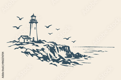 Lighthouse on coastal cliff ink sketch vector illustration