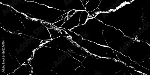 Abstract black marble texture featuring bold white lightning-like veins and natural stone cracks. High-contrast luxury dark background with a polished surface, ideal for modern design,  and branding.