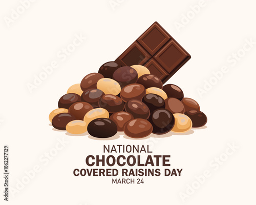 National Chocolate Covered Raisins Day vector illustration. Pile of raisins with chocolate icon. Group of chocolate covered raisins drawing. March 24 every year. Important day