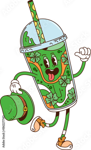 Cartoon groovy hippie smoothie drink character, Saint Patrick day holiday beverage y2k personage. Vector retro green sweet cocktail in plastic cup with dome lid and straw for Irish festive celebration