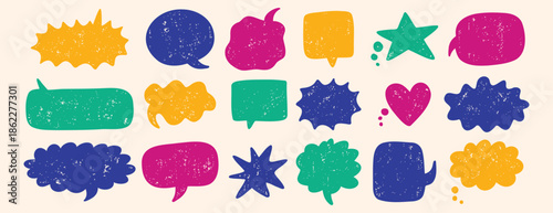 text boxes and speech bubbles with grunge crayon or color chalk texture set. Retro vintage illustration on a white background.