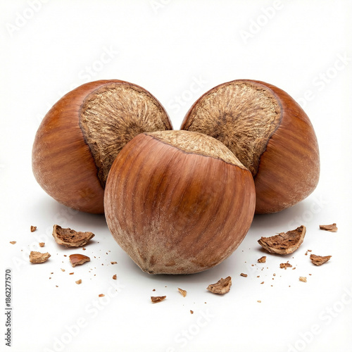 three hazelnuts in shell arranged in a triangle