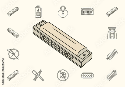 Isometric line art icons featuring a central harmonica and surrounding related components