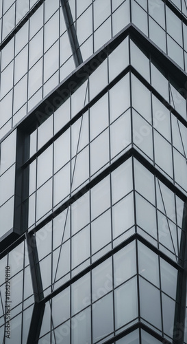 Close-up of modern building facade, geometric glass panes and dark metal framework create a grid pattern, showcasing contemporary architecture and design, ideal for corporate or urban themes