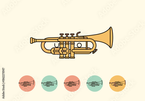 Stylized illustration of a golden trumpet centered above five circular icon variations