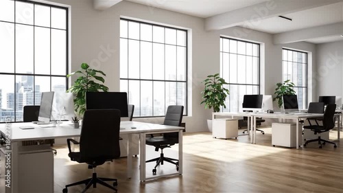 Bright, modern office space with city view and wooden floors
