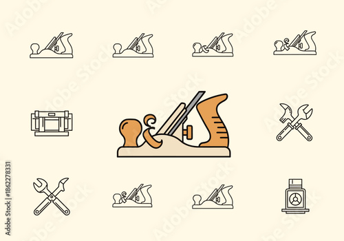 A collection of woodworking tool icons including planes wrenches and a level