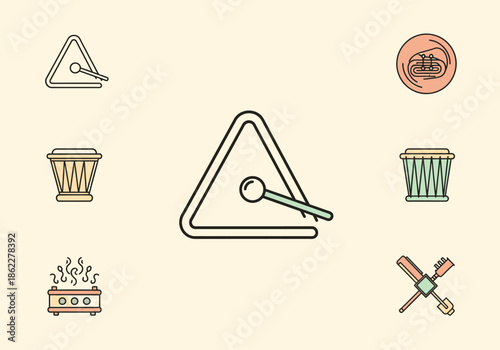 An illustration displaying various musical instruments and related icons on a beige background