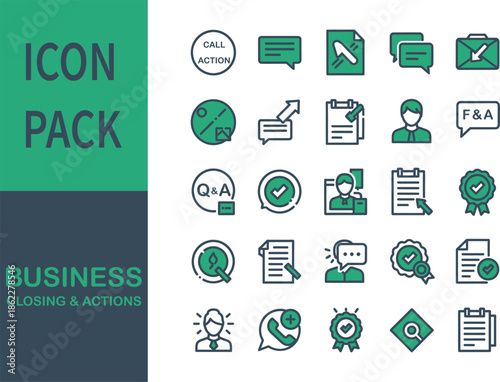 Collection of business-themed icons representing closing, actions, communication, and analysis, designed for digital and print use.