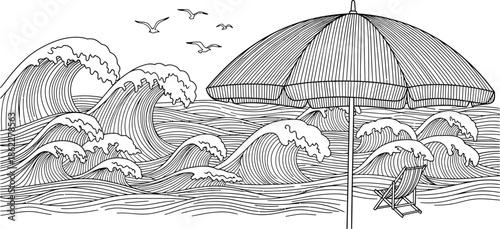 Dramatic beach scene with turbulent waves and beach umbrella