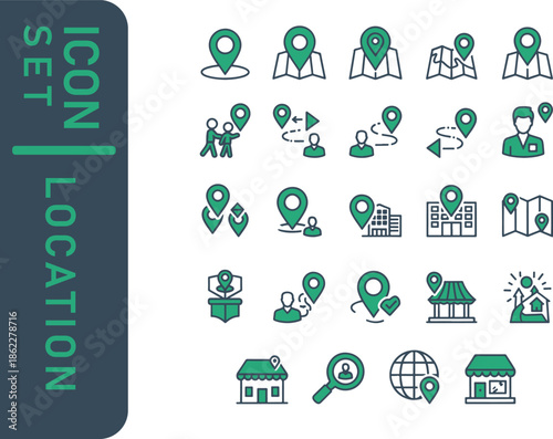 A comprehensive set of location and navigation icons, featuring map pins, routes, buildings, and people.