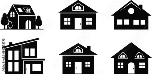 Black house silhouettes, residential architecture, modern home icons, building facade designs, urban housing styles, minimalist vector, window placement study