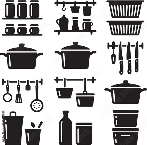 Kitchen, cooking, pot, pan, jar, storage, shelf, utensil, home, food, container, cook, equipment, organizer, pantry