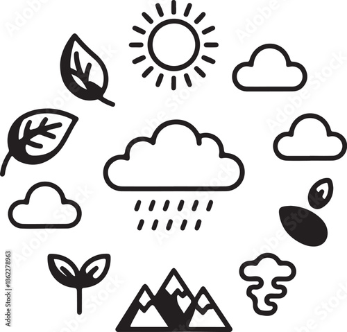 Nature, weather, sun, cloud, rain, eco, cycle, environment, mountain, water, plant, climate, leaf, drop, earth