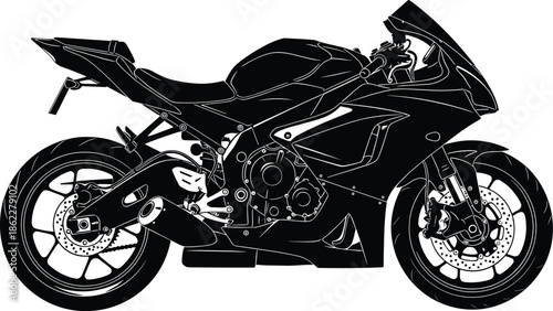 Sport motorcycle vector illustration, side profile, technical drawing, high-performance bike, engine details, disc brakes, exhaust system, fuel tank, handlebars, fairings