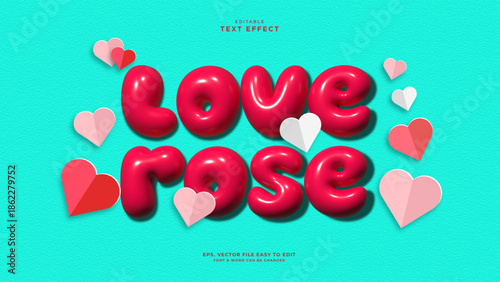 3D glossy bubble text effect Love Rose with paper hearts on turquoise background