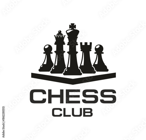 Chess game strategy championship monochrome icon or sign. Business strategy emblem, chessboard contest vector symbol. Chess sport club icon with pawn, queen, king, rook and bishop on board platform