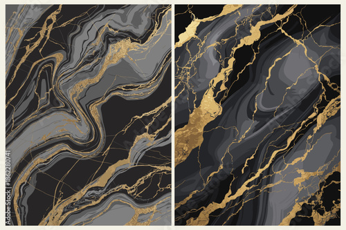 High-detailed vector illustration of black and gray marble with luxurious gold veins, polished finish, and elegant swirling patterns.
