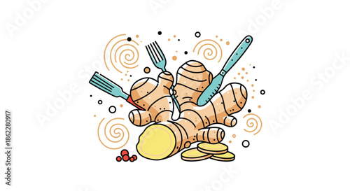Creative illustration of a fresh ginger root surrounded by kitchen utensils like a fork, knife, and small spice particles.