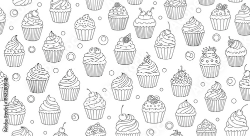 Delicious seamless pattern of various cupcake and muffin line art drawings with different toppings on a white background.