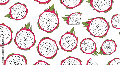 Vibrant seamless pattern of sliced dragon fruit pieces with green scales and black seeds on a white background for food.