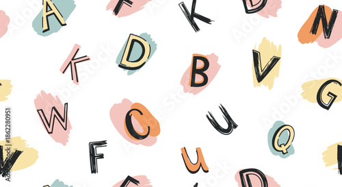 Playful seamless pattern of colorful alphabet letters with painterly brush stroke backgrounds for educational purposes.