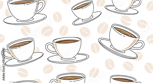Continuous seamless pattern of coffee cups on saucers and faint coffee bean silhouettes for cafe or kitchen decoration.